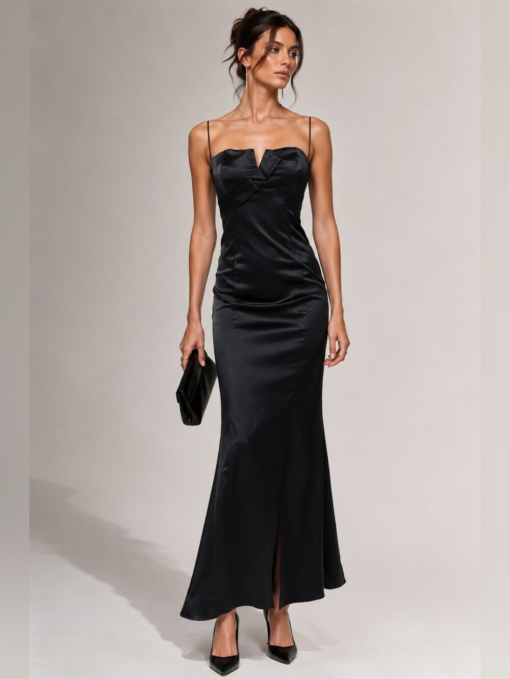 Le Chateau Black Satin Bow Mermaid Maxi Evening Gown Dress M